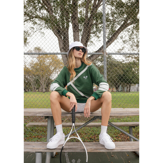 Women's Tennis Lines Crew Neck Ribbed Cuff Sweatshirt, Green