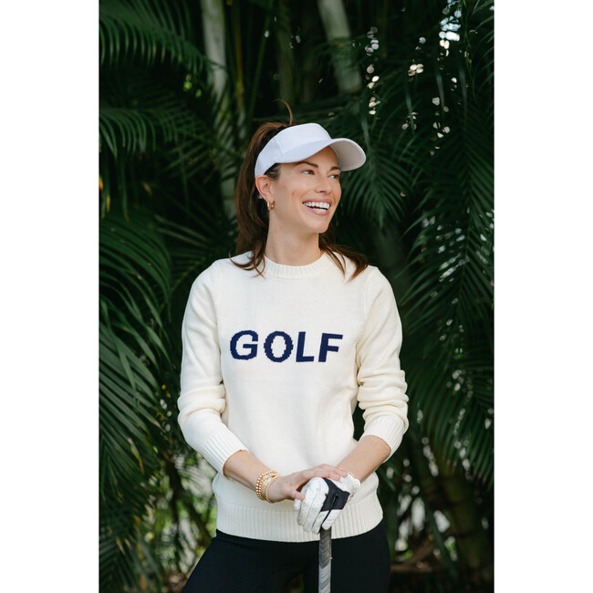 Women's Golf Ribbed Neck Long Sleeve Sweater, Navy & White