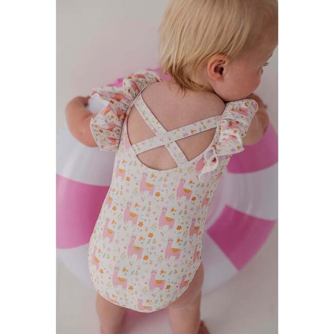 Baby Girl Ruffle Sleeve Cross Back Swimsuit Llamas - One Pieces - 9