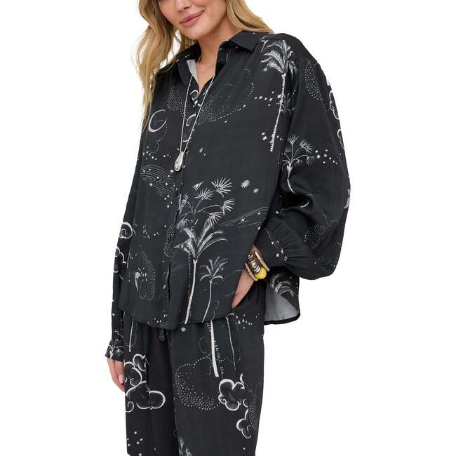 Palm Button Down Palm Print Shirt, Black - Blouses - 4