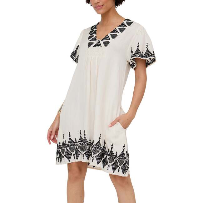 Liberty V-Neck Embroidered Mini Dress, Cream