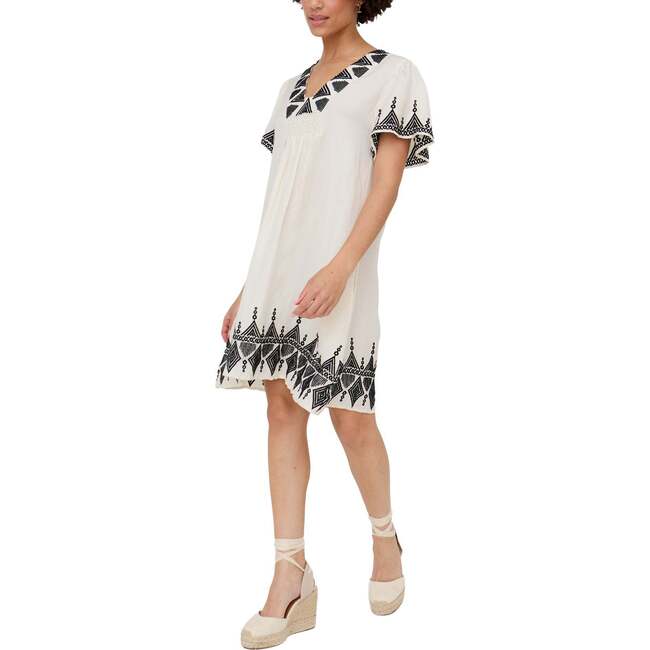 Liberty V-Neck Embroidered Mini Dress, Cream