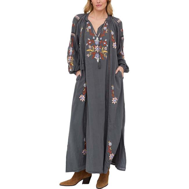 Elisa Kaftan Style Embroidered Maxi Dress, Grey
