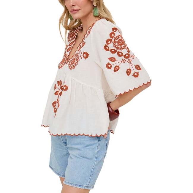 Aubrey V-Neck Embroidered Blouse, Cream - Blouses - 3