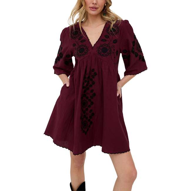 Arabella V- Neck Embroidered Mini Dress, Burgundy - Dresses - 1