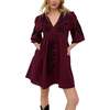 Arabella V- Neck Embroidered Mini Dress, Burgundy - Dresses - 1 - thumbnail