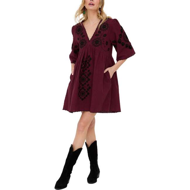Arabella V- Neck Embroidered Mini Dress, Burgundy - Dresses - 2