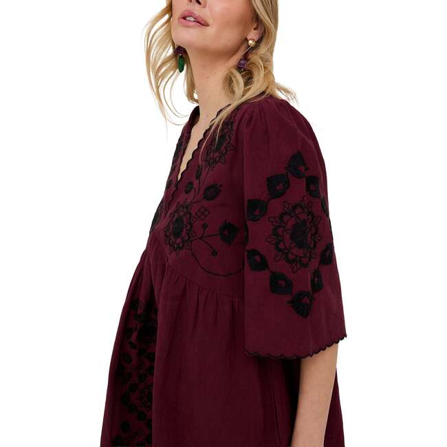 Arabella V- Neck Embroidered Mini Dress, Burgundy - Dresses - 4