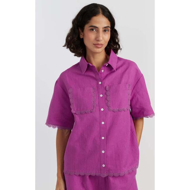Sienna Linen-Blend Scallop Edge Shirt, Purple - Blouses - 1