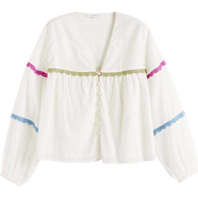 Cotton Rainbow Scallop Blouse, White - Blouses - 4