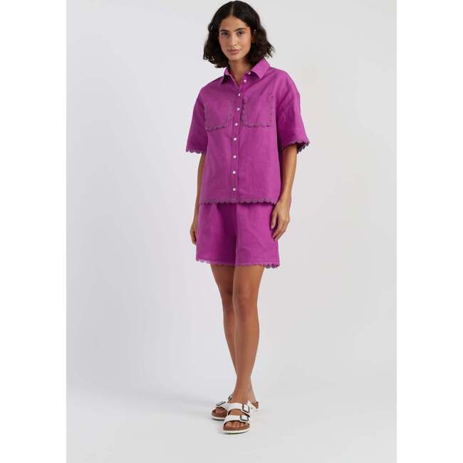 Sienna Linen-Blend Scallop Edge Shirt, Purple - Blouses - 2