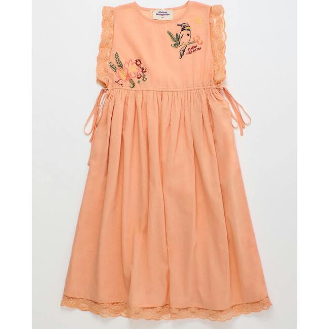 BIRDS EMBROIDERED DRESS, PEACH