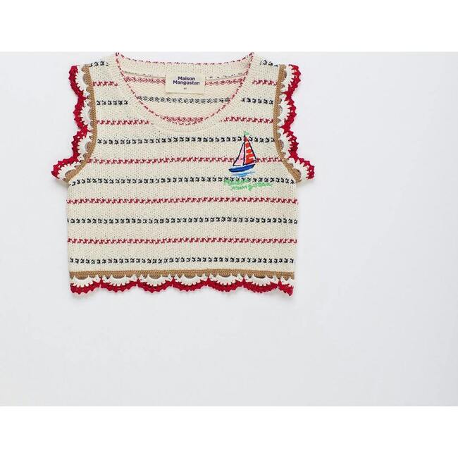 BARCOS KNIT TOP, OFF WHITE / RED