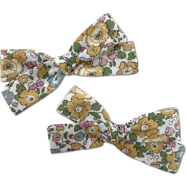 LuluLuvs Skinny Ribbon Pigtail Bows, Liberty of London Muted Yellow Floral