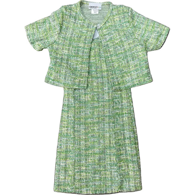 Girls Boucle Tank Dress With Matching Jacket, Green