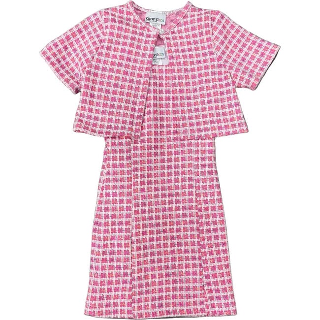 Girls Boucle Tank Dress With Matching Jacket, Hot Pink