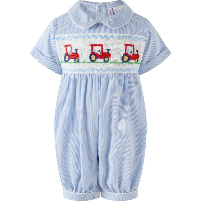Stripe Tractor Smocked Babysuit, Blue