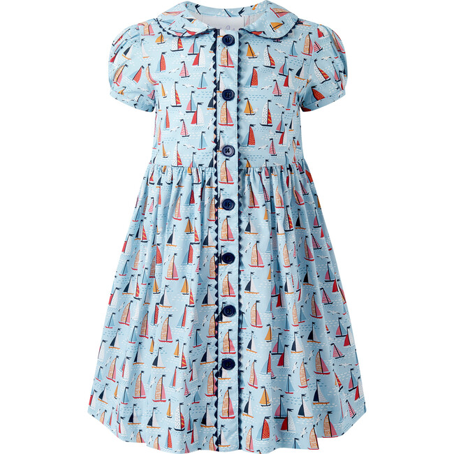 Sailboat Button Front Dress, Blue