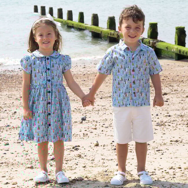 Sailboat Button Front Dress, Blue - Dresses - 4