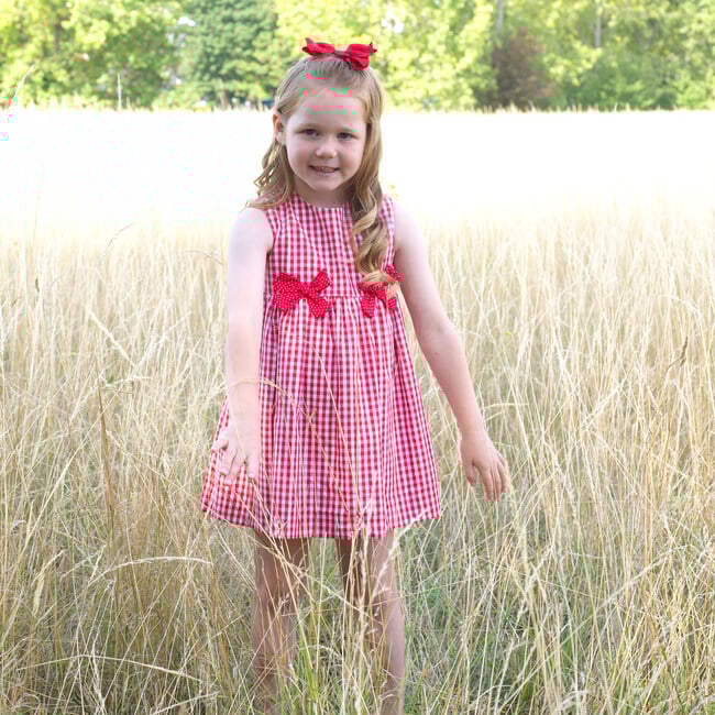 Gingham Bow Dress, Red - Dresses - 3