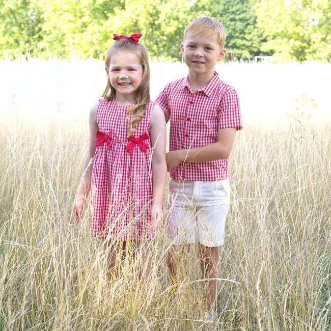 Gingham Bow Dress, Red - Dresses - 4