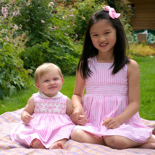 Bow Smocked Striped Dress and Bloomers, Pink - Dresses - 5