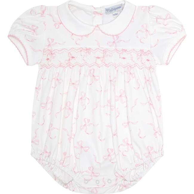 Charming Bows Print Smocked Bubble Pink