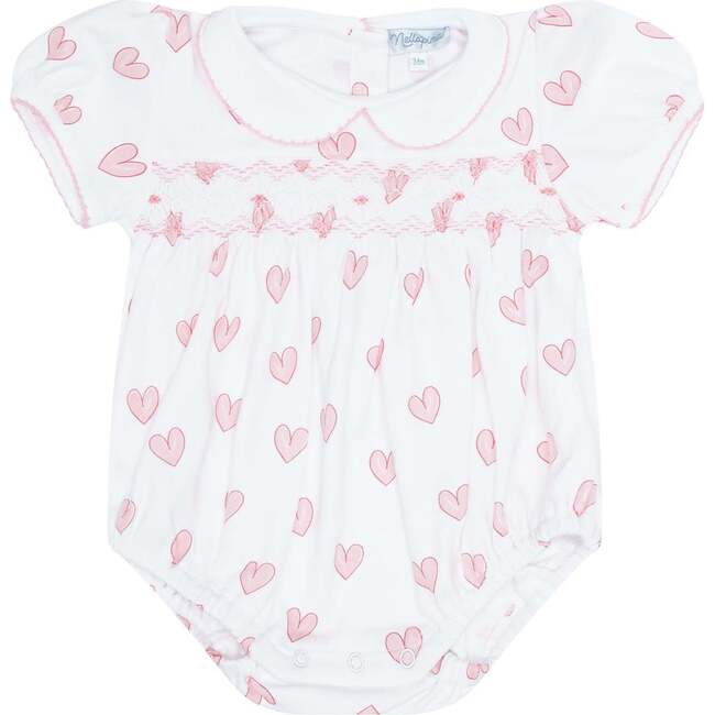 Pink Heart Print Smocked Bubble Pink