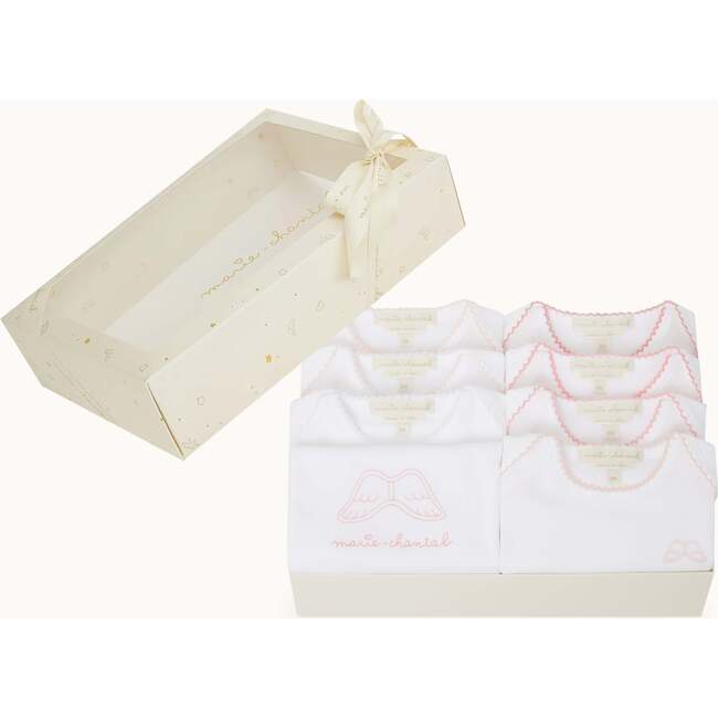 Set of 7 Angel Wing Picot Short Sleeve Onesies, Pink Fade