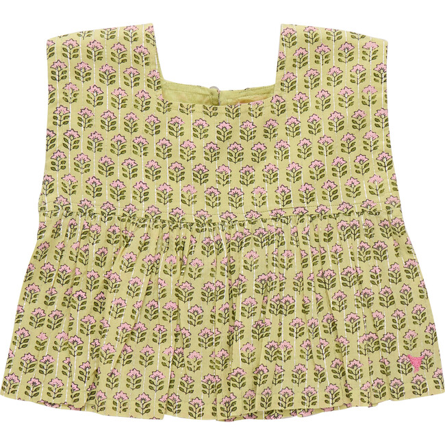 Girls Kamari Top, Green Prairie Block Print Spring