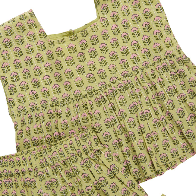 Girls Kamari Top, Green Prairie Block Print Spring