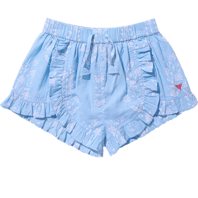 Girls Millie Ruffle Short, Blue Dewdrop Block Print
