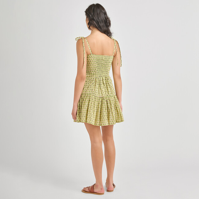 Womens Short Marilyn Dress, Green Prairie Block Print Spring