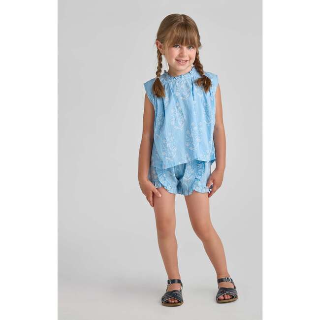 Girls Millie Ruffle Short, Blue Dewdrop Block Print - Shorts - 3