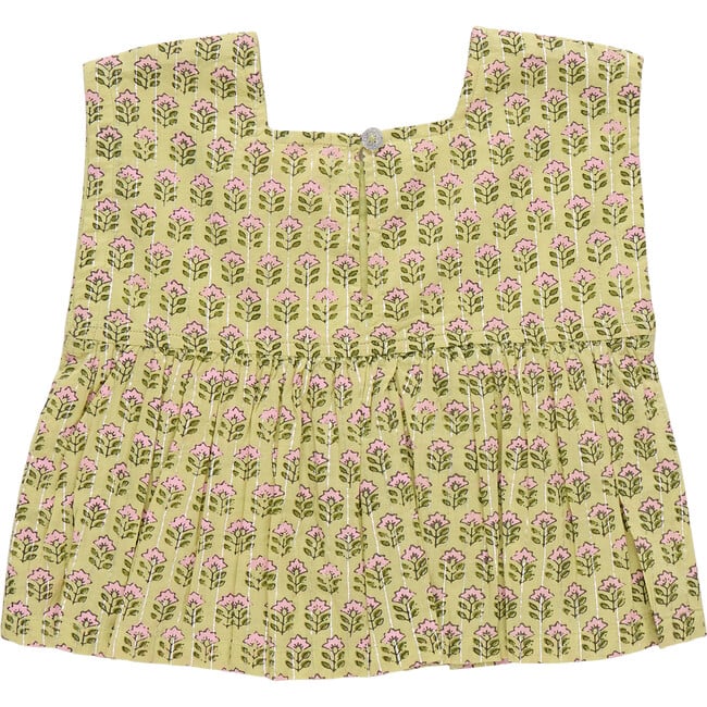 Girls Kamari Top, Green Prairie Block Print Spring - Blouses - 5
