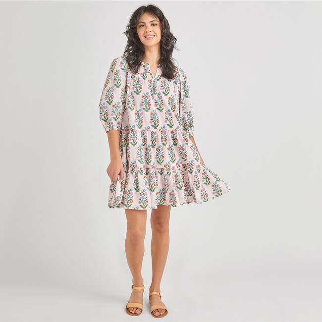 Womens Short Indira Dress, Pink Dewdrop Block Print Spring