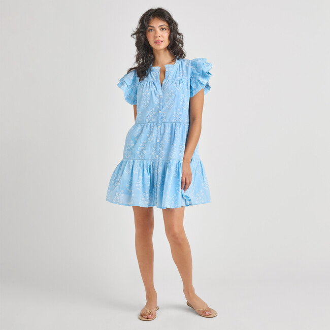 Womens Kalani Ruffle Dress, Blue Dewdrop Block Print