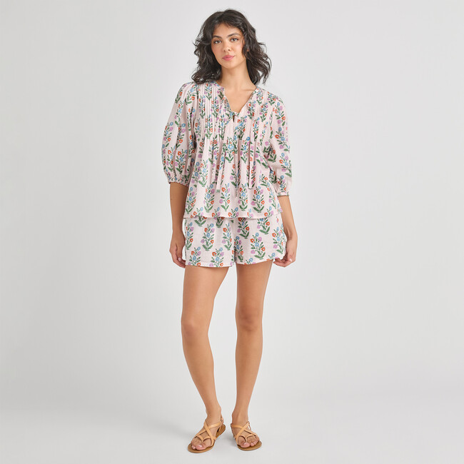 Womens Indira Top, Pink Dewdrop Block Print Spring