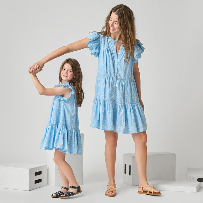 Womens Kalani Ruffle Dress, Blue Dewdrop Block Print - Dresses - 3