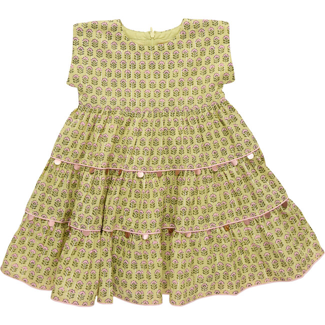 Girls Peachy Dress, Green Prairie Block Print Spring