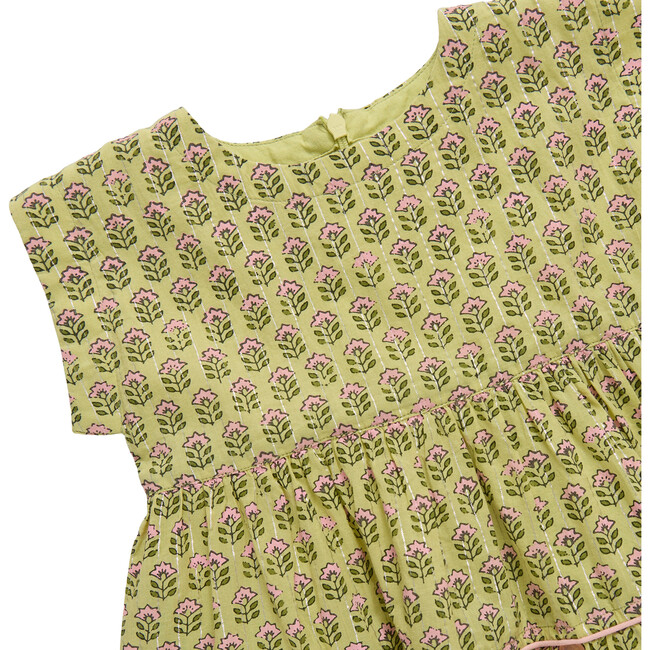 Girls Peachy Dress, Green Prairie Block Print Spring