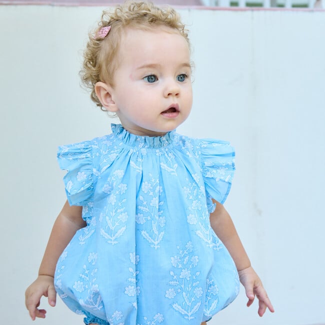 Baby Girls Harper Bubble, Blue Dewdrop Block Print - Rompers - 3