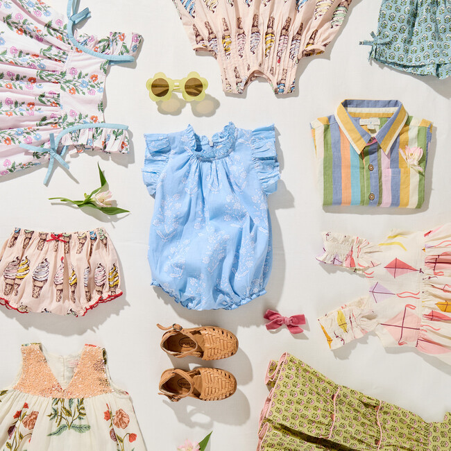 Baby Girls Harper Bubble, Blue Dewdrop Block Print - Rompers - 5