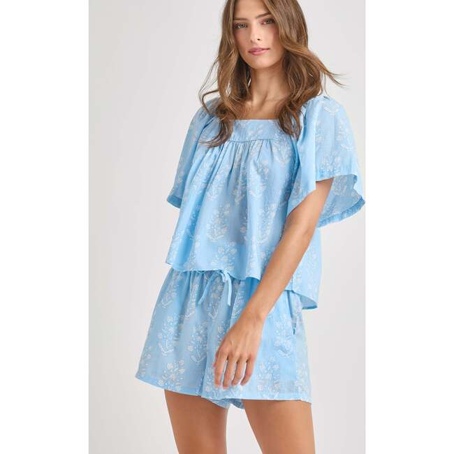 Womens Dahlia Top, Blue Dewdrop Block Print