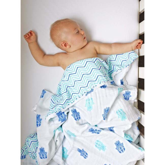 Organic Muslin Four-Layer Reversible Snug Blanket, Hamsa