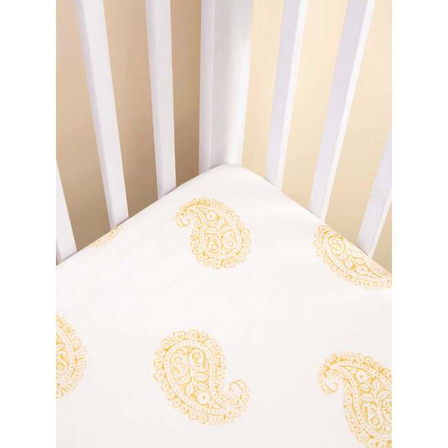 Block-Printed Cotton Fitted Crib Sheet, Mustard Paisley