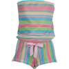 Multi Color Striped Bandeau Romper with Glittery Pink Bow - Jumpsuits - 1 - thumbnail