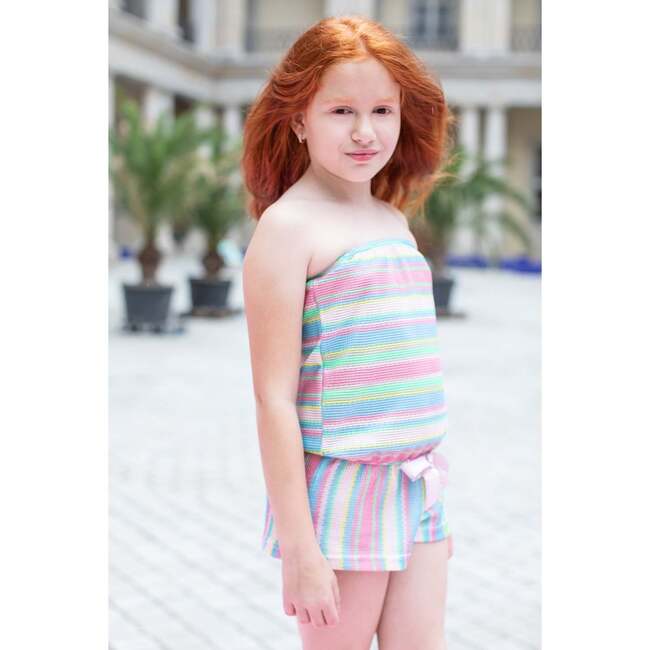 Multi Color Striped Bandeau Romper with Glittery Pink Bow - Jumpsuits - 3
