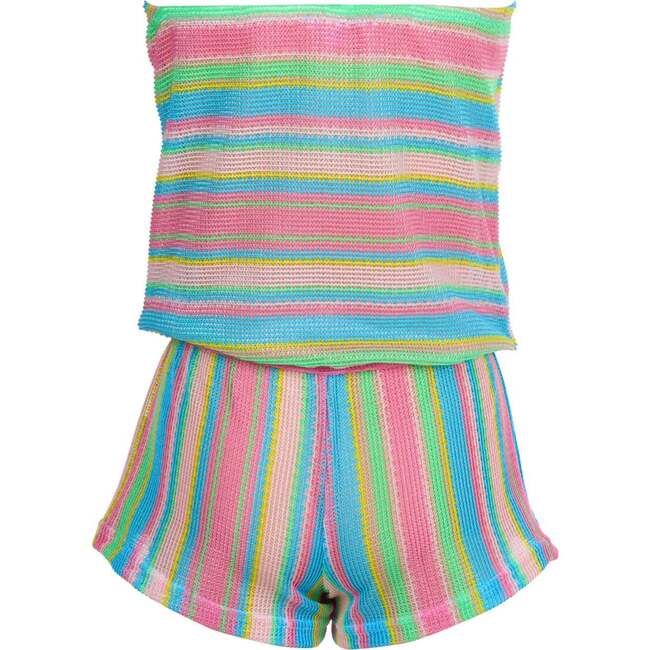 Multi Color Striped Bandeau Romper with Glittery Pink Bow - Jumpsuits - 4