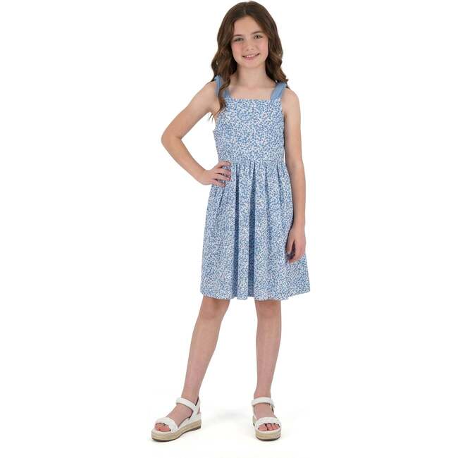 Tween Girls Floral Printed Dress W. Back Cutout, Blue Floral
